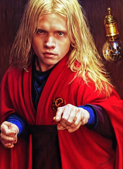 Prompt: a 1 2 year old white boy with blonde hair, medium length hair, wearing red sorcerers robes, holding a glass ball that is resting in his hand, style by donato giancola, wayne reynolds, jeff easley dramatic light, high detail, cinematic lighting, artstation, dungeons and dragons