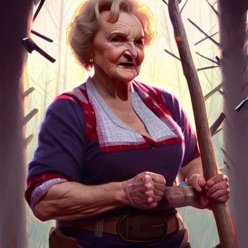 Prompt: a buff and sweaty betty white as a beardless lumberjack chopping wood, intricate, headshot, highly detailed, digital painting, artstation, concept art, sharp focus, cinematic lighting, illustration, art by artgerm and greg rutkowski, alphonse mucha, cgsociety