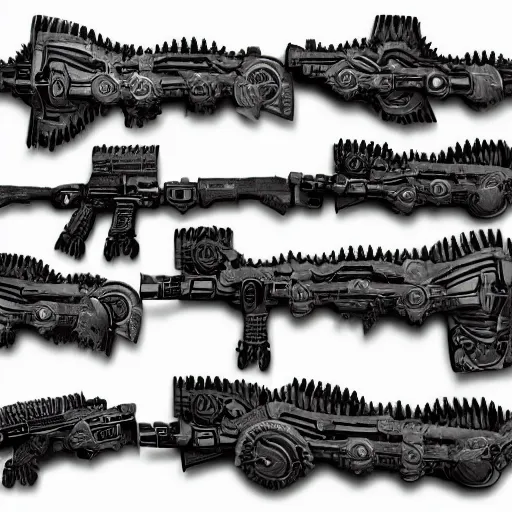 Prompt: gears of war weapons as plastic warhammer figurine parts