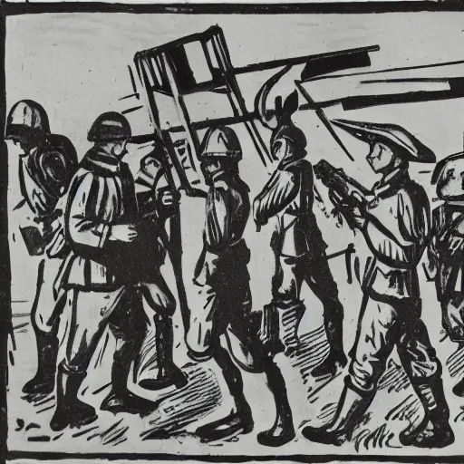 Image similar to imperial german soldiers advancing under cover of mustard gas at the battle of the somme, world war 1, trench warfare, german expressionist woodcut, kathe kollwitz, ernst ludwig kirchner, max beckmann, max pechstein, black and white