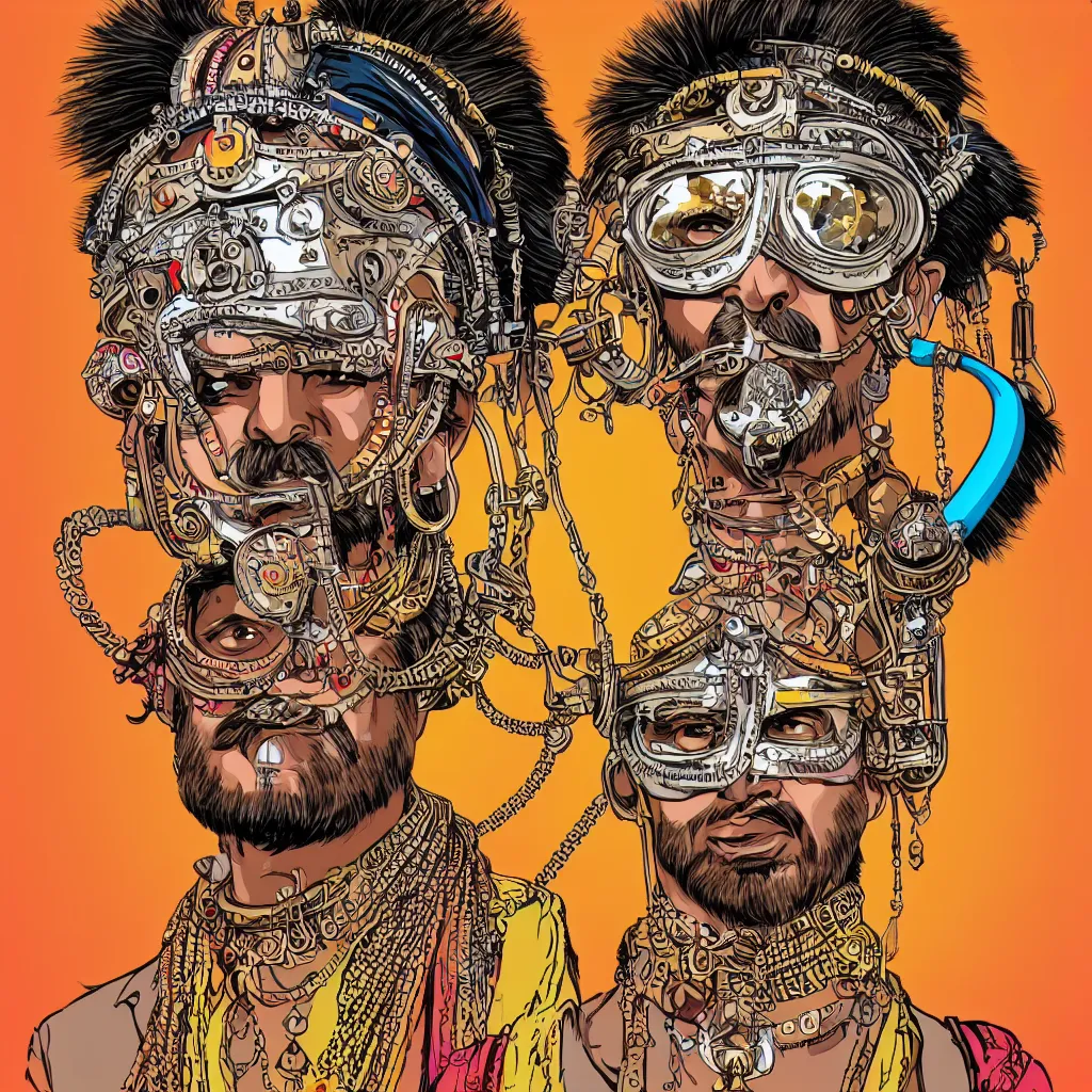Prompt: face portrait of an indian man with long neon moustache rajasthani headgear wearing madmax style steampunk goggles and steampunk jewelry, art by butcher billy, sticker, colorful, illustration, highly detailed, simple, smooth and clean vector curves, no jagged lines, vector art, smooth