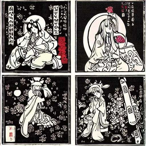 Image similar to Kyubey in the style of Japanese and European woodcuts