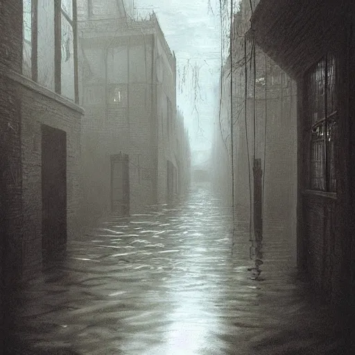 Prompt: flooded overgrown victorian london alley, highly detailed, eldritch, ominous, dawn, chilly dark mood, by rutkowski and beksinski