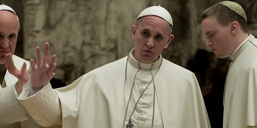 Prompt: film frame of the pope and eminem doing a rap freestyle 4 k quality rule of thirds eminem's face detail cinematic color grading by christopher nolan. two only main characters.