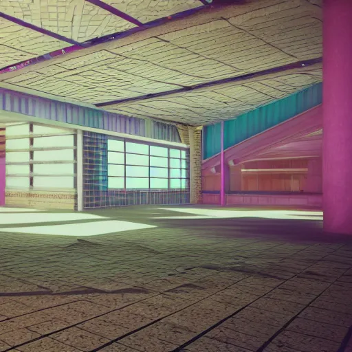 Image similar to interior of an abandoned 1980's mall, vaporwave, 3d render