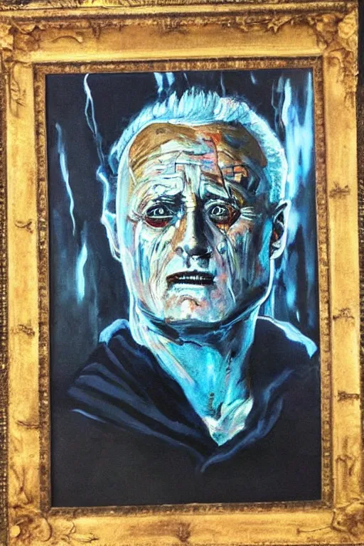 Prompt: a painting that asks the viewer to question the very purpose of life when all memories will be lost in time like tears in the rain, the replicant roy batty is capable of showing more empathy than his human creators, in the style of blade runner, ridley scott