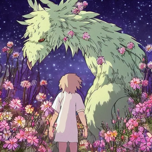 Prompt: spirit creature in the flowers at night made by studio ghibli, beautiful scene, detailed, high quality, high details, smooth, detailed creature