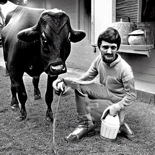 Image similar to alien in the village milking a cow, top secret style photo, 7 0 s