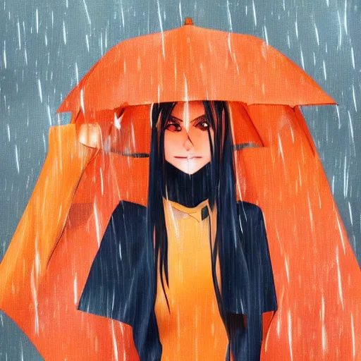 Prompt: orange queen in the rain 2d, trending on artstation