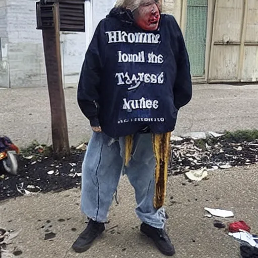 Image similar to donald trump dressed as a homeless man living in the slums