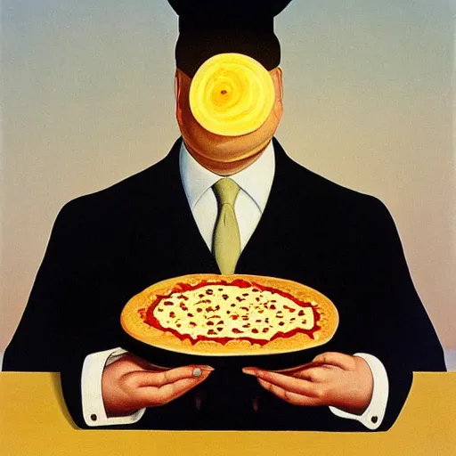 Prompt: painting of a man with a pizza for a head by Magritte