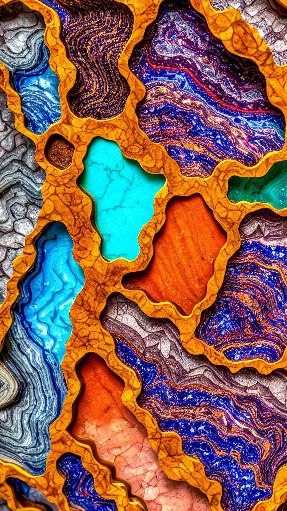 Image similar to macro photography, vivid color, folded, tessellated planes and shelves of rock, alien sedimentary crystal formations, quartzite, igneous rock, marbled veins, 3D!!! diorama!!!!!!, depth of field patina of inlaid circuitry, layers of strata, mineral grains, dramatic lighting, rock texture, sand by James jean, geology, octane render in the style of Luis García Mozos