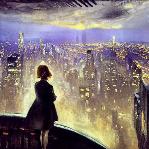 Prompt: “ a girl looking down at a futuristic new york city below, ghostpunk, heavy rain, high detail, oil painting, by george bellows ”
