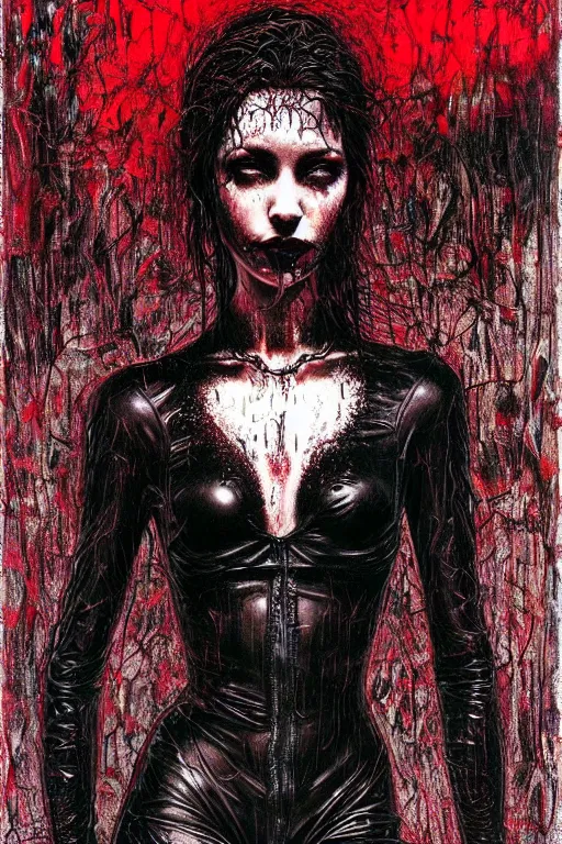 Image similar to dreamy gothic girl, long black leather, wet red brush, beautiful woman body, detailed acrylic, grunge, intricate complexity, by dan mumford and by alberto giacometti, peter lindbergh