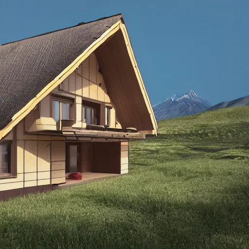 Image similar to a modern half - timbered house on the foot of elbrus mountain a digital rendering by schelte a bolswert, featured on polycount, de stijl, reimagined by industrial light and magic, angular, symmetrical