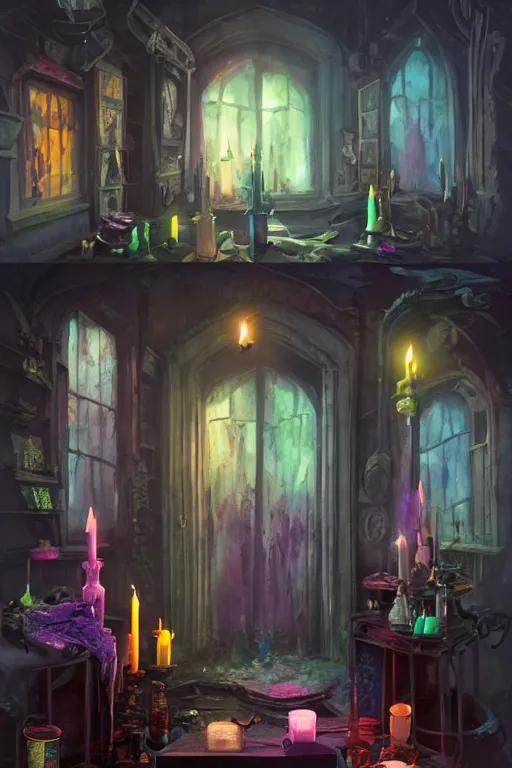 Prompt: a matte painting gothic counter parlor with bottles of potions and flickering candles colorful by greg rutkowski, tyler edlin
