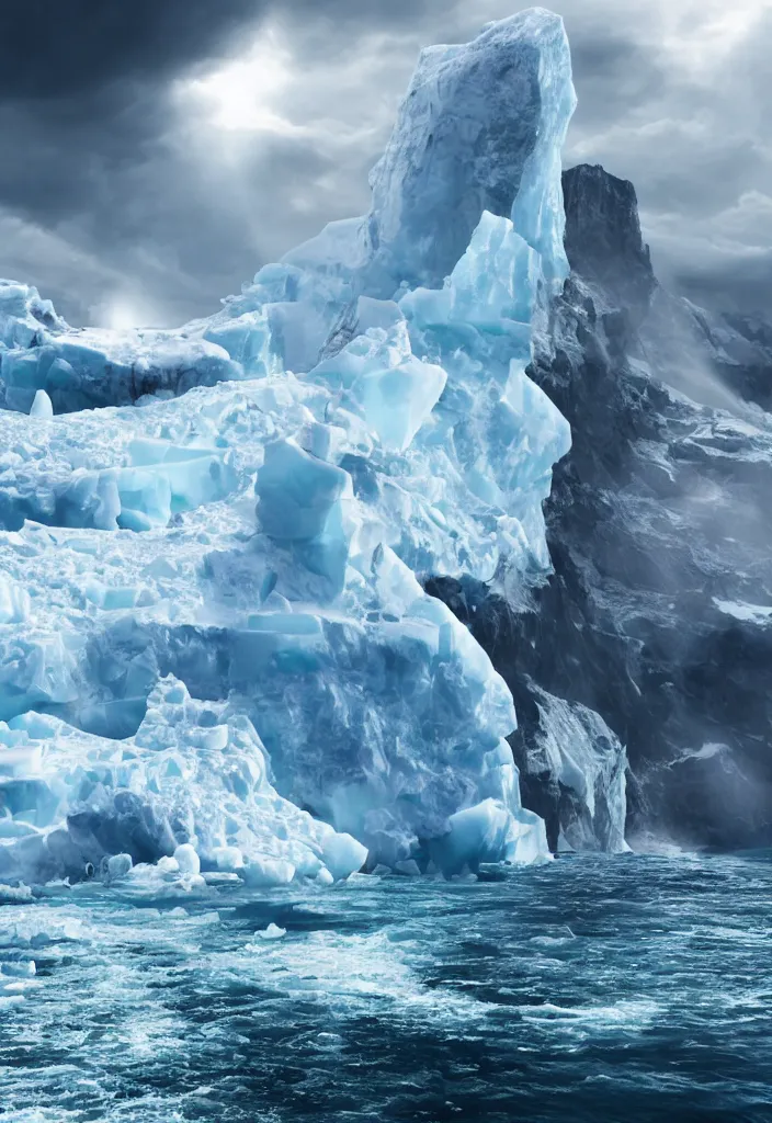 Prompt: ship being persecuted by a police ship over raging turbulent waters in antartica, icebergs in the background, hyper realistic, highly detailed, digital art, apocalyptic, intimidating lighting, raytracing, sharp focus, smooth