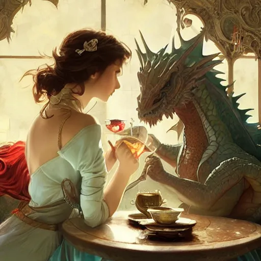 Prompt: A dragon having tea with a captive princess in his lavish treasure laden lair, digital painting, detailed, artstation, Krenz Cushart, Greg Rutkowski, Alphonse Mucha, Artgerm