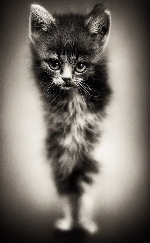 Image similar to Award winning Editorial photo of an adorable kitten standing by Edward Sherriff Curtis and Lee Jeffries, 85mm ND 5, perfect lighting, gelatin silver process