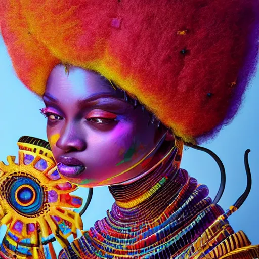 Prompt: highly detailed portrait of an african egyptian goddess with a colorful afro, intricate alien technolog, bright colors, synthwave, watercolor, volumetric wool felting, felt, macro photography, children illustration, global illumination, radiant light, detailed and intricate environment, by goro fujita
