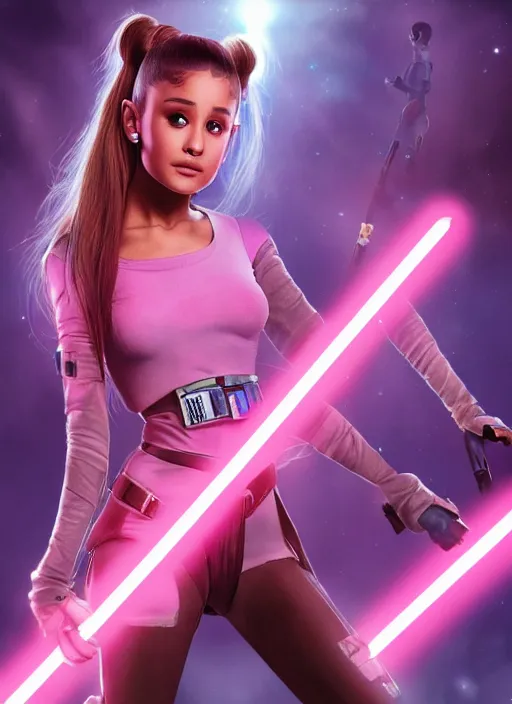 Image similar to An extremely detailed photo of Ariana Grande in the Star Wars universe with two pink lightsabers held in each hand. Maximum detail on artstation, photo realism, vivd details, vivd colour, volumetric lighting. anime art style