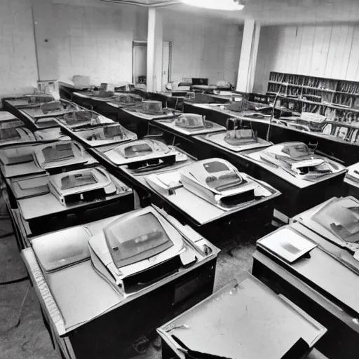 Prompt: wide angle shot of an abandoned computer lab from the 1 9 5 0 s