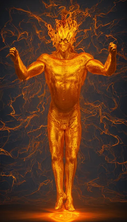 Image similar to a surreal painting of a god made of golden fire, octane renderer, unreal engine, 3 d hyper realistic, volumetric lighting