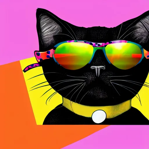 Prompt: a black cat sticker with sunglasses on a colorful background. cartoon. high quality. cute. pretty. unsplash. 4 k. devianart.