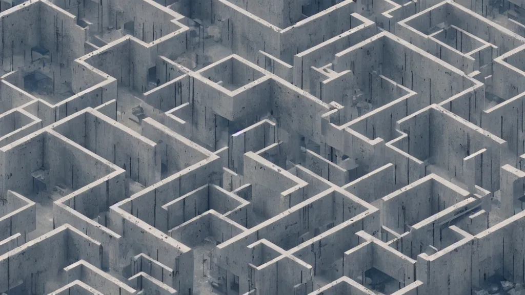Prompt: a giant dystopian maze of concrete, birds - eye view, octane render, fog, 4 k, trending on artstation, award - winning, art by greg rutkowski