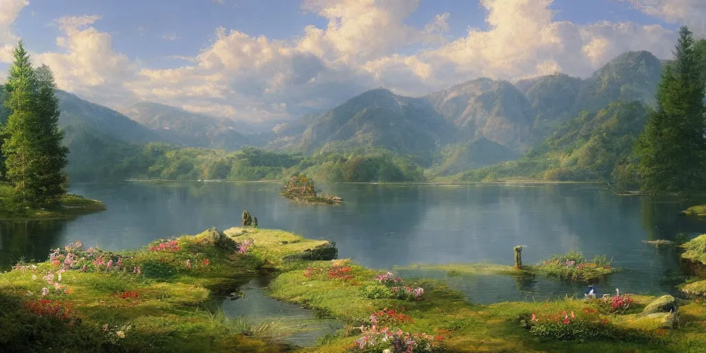 Image similar to a beautiful lake landscape in summer, by Ernest deutsch + Ted Nasmith, cinematic lighting, masterpiece, highly detailed, 8k resolution, trending on art station