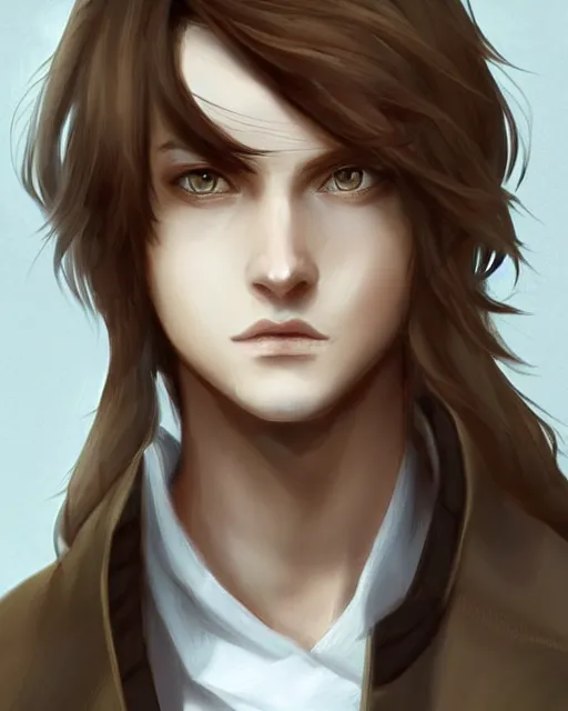 Image similar to face of a masculine young man with thin face lines, have long brown hair and green eyes, very beautiful portrait, low angle, realistic anime style and perfect art, trending on artstation, good and dramatic lighting