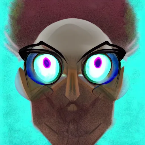 Image similar to professor with glowing eyes looks at you and grins at you, digital art