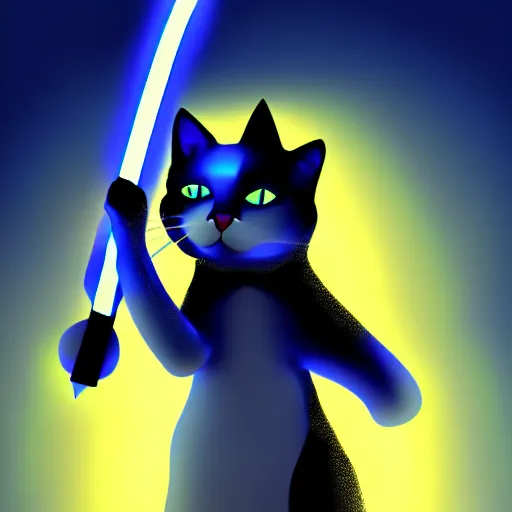 Image similar to Cat holding a glowing blue sword , digital art , 4k