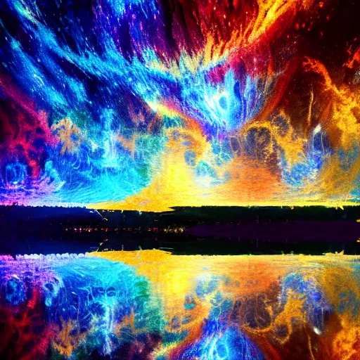 Image similar to Beautiful impressionistic painting, of fractal cosmic lights, water reflection, intricate details, high quality, 8k, wide lens atmospheric photo, color grading !dream