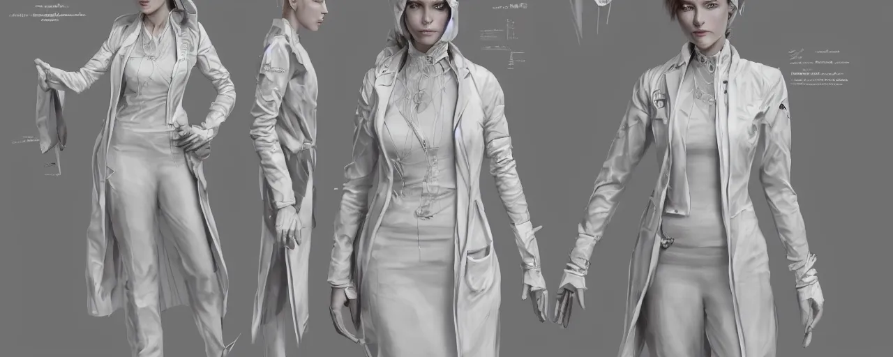 Prompt: character design, reference sheet, gaunt, a beautiful and elegant young lady, doctor's white coat, concept art, photorealistic, hyperdetailed, 3d rendering , art by Leyendecker and frazetta,