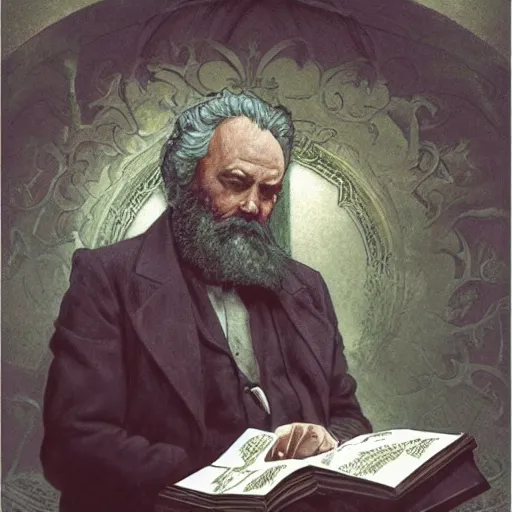 Image similar to Karl Marx pondering his orb, highly detailed, digital painting, artstation, concept art, smooth, sharp focus, illustration, art by todd lockwood and magalie villeneuve and alan lee and artgerm and greg rutkowski and alphonse mucha