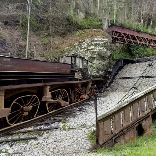 Prompt: 19th century locomotive crossing a wooden bridge, the bridge collapses behind it