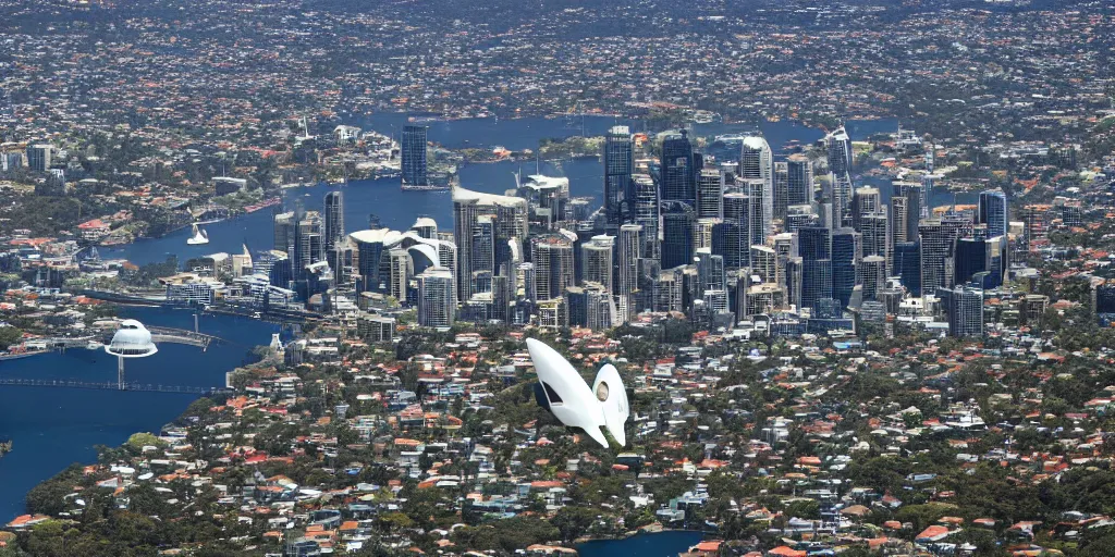 Prompt: A photo of a large spaceship hovering over Sydney in Australia, 4K