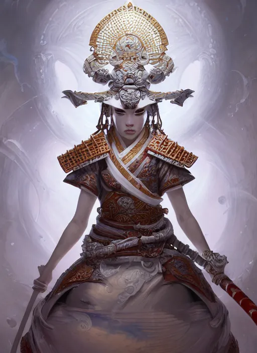 Image similar to subsurface scattering, white, koi, female samurai deity with filigree fantasy armor, by jesper ejsing, james jean, justin gerard, tomasz alen kopera, cgsociety and fenghua zhong, highly detailed, rim light, cinematic lighting, illustration, art, octane render, very coherent, cinematic, hyper realism, high detail, 8 k