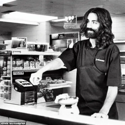 Prompt: Jesus working the counter at McDonald’s real photo