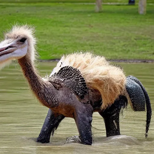 Image similar to bipedal ostrich and crocodile hybrid animal, real photo, taken in zoo