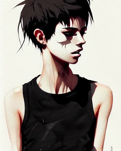 Prompt: a ultradetailed beautiful portrait painting of a stylish woman with short hair, she is wearing a black tank top and jeans, by conrad roset, greg rutkowski and makoto shinkai trending on artstation