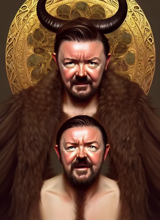 Image similar to portrait of ricky gervais as a satyr, d & d, fantasy, intricate, elegant, highly detailed, digital painting, artstation, concept art, smooth, sharp focus, illustration, art by artgerm and greg rutkowski and alphonse mucha