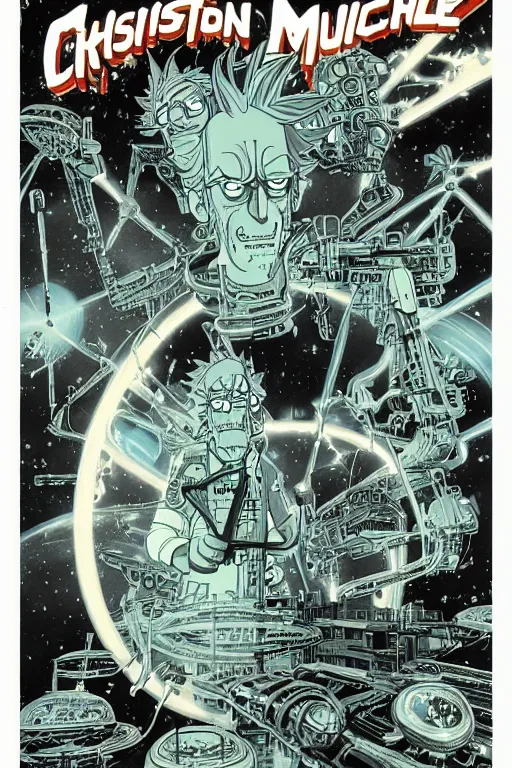 Prompt: Christopher Lloyd as Rick Sanchez, Rick and Morty save the multiverse, science fiction, retro cover, high details, intricate details, by vincent di fate, artgerm julie bell beeple, 60s, inking, vintage 60s print, screen print