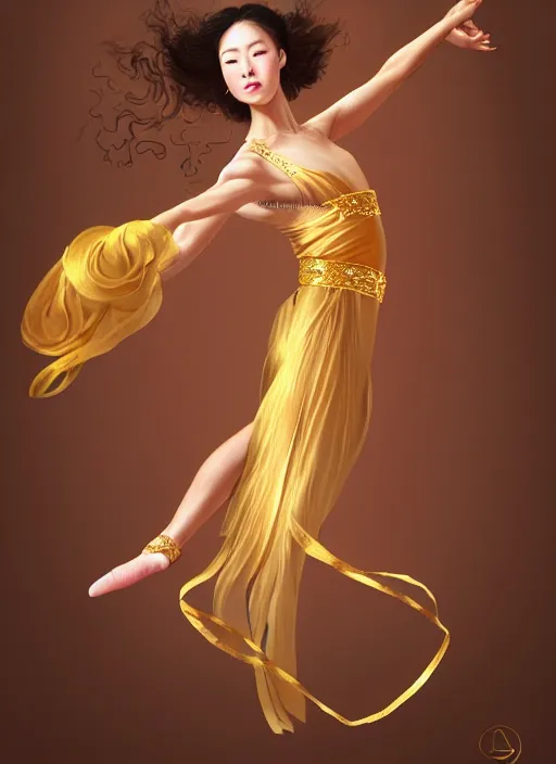 Prompt: full body portrait of a dancer throwing silk belts, feet, barefoot, full body, slightly tanned, vivacious, extremely beautiful, gold jewelry, hanfu, chinese ribbon dance, wide ribbons, silk belt, ming dynasty, detailed, realistic face, anatomically accurate, fantasy illustration, dnd, artstation, wlop.