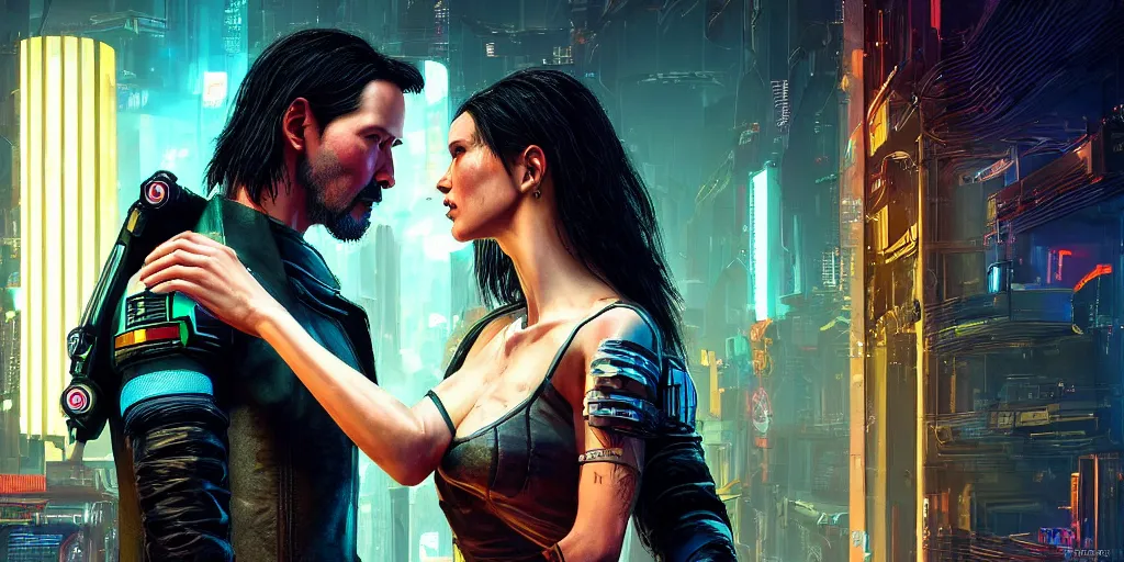 Image similar to a cyberpunk 2077 srcreenshot couple portrait of Keanu Reeves and a female android in final kiss,love,film lighting,by Lawrence Alma-Tadema,Andrei Riabovitchev,Laurie Greasley,Dan Mumford,John Wick,Speed,Replicas,artstation,deviantart,FAN ART,full of color,Digital painting,face enhance,highly detailed,8K,octane,golden ratio,cinematic lighting