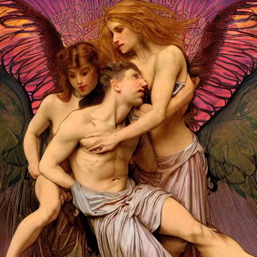 Prompt: angels wrestling demons, hyper realistic, digital painting. art station. mood lighting, highly detailed, concept art, intricate, sharp focus, by shaun and alphonse mucha berke - h 1 2 0 0