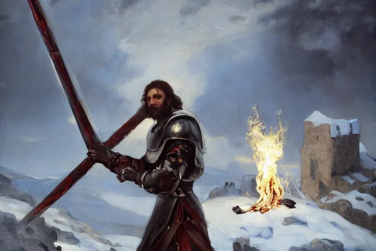 Prompt: landscape realistic painting image of a templar knight with one mechanical hand carrying a fire sword and wielding it at the ice dragon. dramatic scene, realism, created by gustave courbet and michaelangelo, trending in artstation, fine art, smooth draw with oil painting.