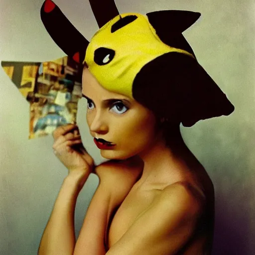 Image similar to elegant woman dressed up as pikachu, art photo by Annie Liebovitz and Alphonse Mucha