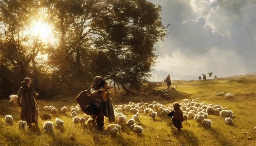 Image similar to simple villager shepherd and children with flocks of sheep in open fields, art by anders zorn, wonderful masterpiece by greg rutkowski, beautiful cinematic light, american romanticism thomas lawrence, greg rutkowski